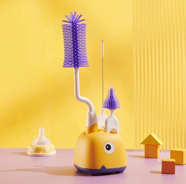 SA TRADE 3 in 1 Silicone Baby Bottle Cleaning Brush Kit with Stand - Yellow Bottle Cleaner