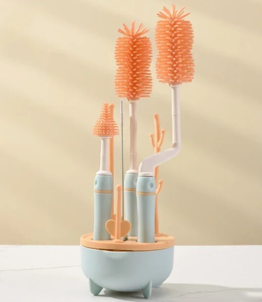 R AND E 8 Piece Baby Bottle Brush Set with Draining Rack Bottle Cleaner