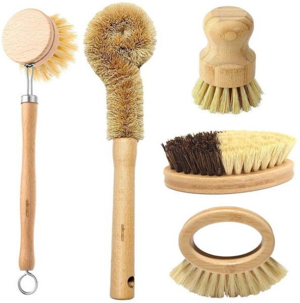 Heartdeco 5PCs Bamboo Dish Cleaning Brush Set Bottle Cleaner