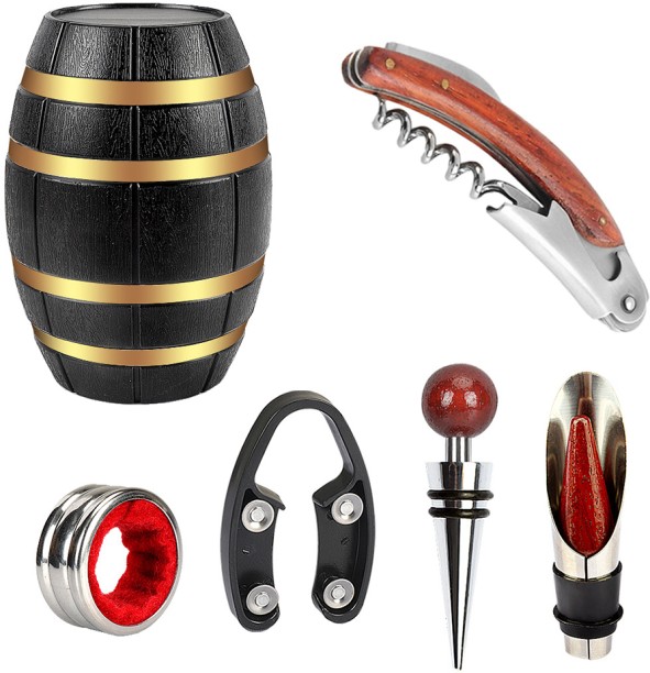 ALANES 5-In-1 Wine Bottle Corkscrew & Accessory Gift Set with Oak Barrel Shape Box Bottle Opener Set