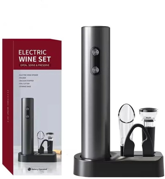 Wobuciko Electric Wine Set with Opener, Pourer, Vacuum Stopper, Foil Cutter and Storage Base, Battery Operated, Grey Bottle Opener Set