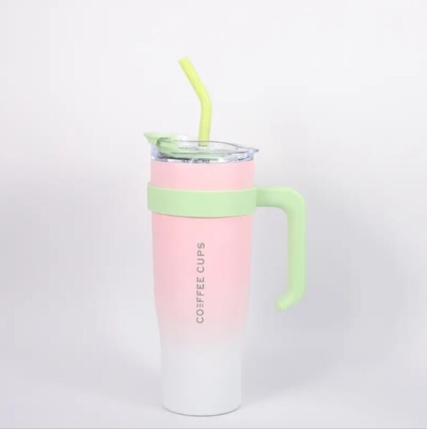 UNIQUE Coffee Mug With Handle and Straw Double Wall Vacuum 1200 ml Bottle With Drinking Glass