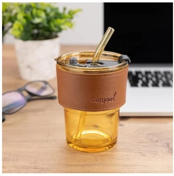 GRORGOUS 450Ml Mug Water Cup Glass Cup Household Color Glass Coffee Cup With Lid And Straw 450 ml Bottle With Drinking Glass