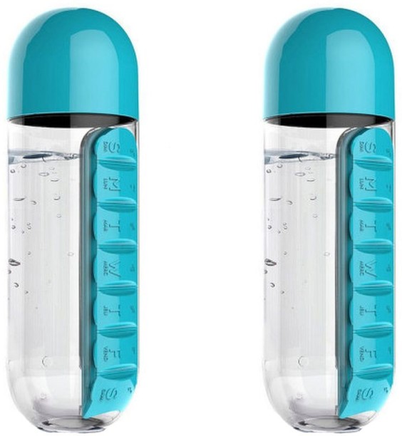 WINWAY 2-In-1 Water Bottles With Daily Pill Holders - Blue Pack Of 2 600 ml Bottle