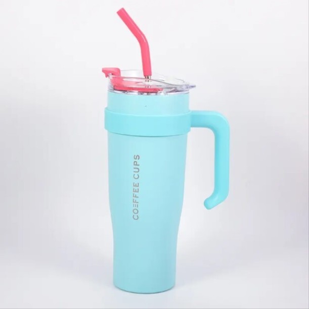 UNIQUE Coffee Mug With Handle and Straw Double Wall Vacuum 1200 ml Bottle With Drinking Glass