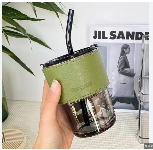 GRORGOUS 450Ml Mug Water Cup Glass Cup Household Color Glass Coffee Cup With Lid And Straw 450 ml Bottle With Drinking Glass