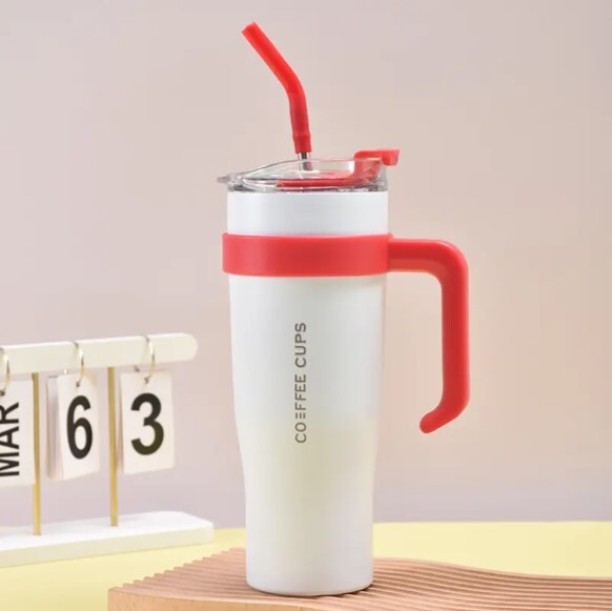 UNIQUE Coffee Mug With Handle and Straw Double Wall Vacuum 1200 ml Bottle With Drinking Glass