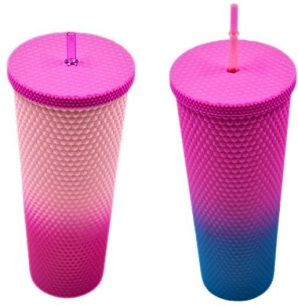 Wobuciko Pink Gradient Studded Venti Tumbler With Straw 750 ml Bottle