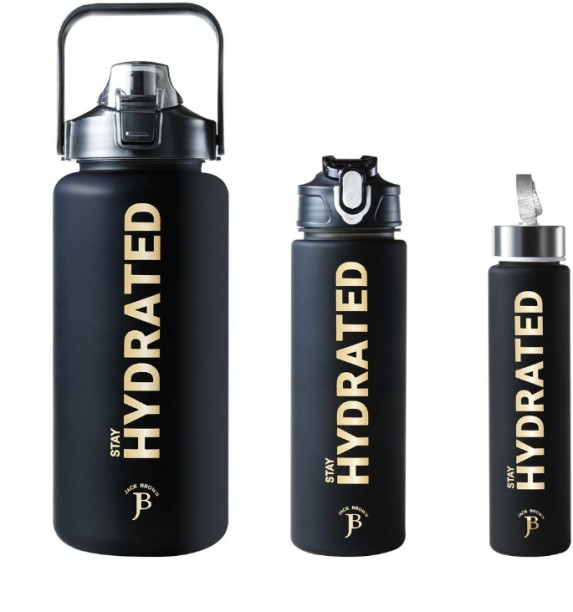 HOME GYM Jack Brown - 3-Piece Water Bottle with Motivational Time Markers - Leak Proof - Black 2000 ml Bottle