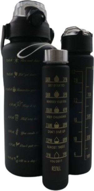 ELCTRO WORLD 3 Piece Water Bottles | 2L, 1L, 0.5L | Black and Gold | Motivational 2 ml Bottle