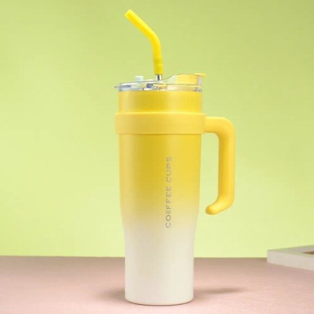 UNIQUE Coffee Mug With Handle and Straw Double Wall Vacuum 1200 ml Bottle With Drinking Glass
