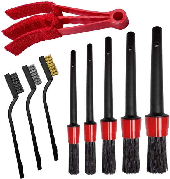 ALANES Auto Detailing Brushes Kit for Car Interior Exterior Cleaning - 9 Pieces Wet and Dry Plastic Handle Plastic Brush