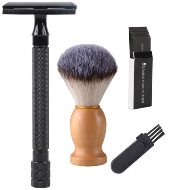 ALANES Safety Men's Shaving Razor With Beard Wooden Handle Brush Kit Men