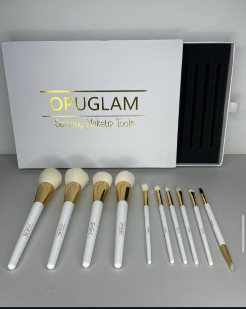opuglam foundation brush, blush brush, powder brush, contour brush, concealor brush, eyebrow brush, flat eyeshadow brush, detailed blending brush, fluffy blending brush, highlighting brush