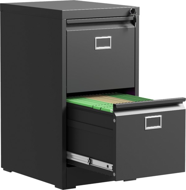 Steel Furniture Warehouse Steel Vertical 2 Drawer Swan Handle Filing Cabinet Cupboard Locker with Card Slots - Black Metal Free Standing Cabinet