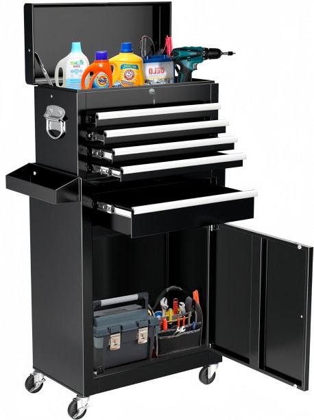 Steel Furniture Warehouse Steel 5-Drawer Rolling Tool Chest Detachable Metal Tool Cabinet Locker with Wheels - Matte Black Metal Free Standing Chest of Drawers