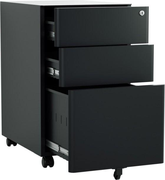 Steel Furniture Warehouse Steel 3 Drawer Arc Handle Mobile Pedestal Filing Cabinet Locker - Black Metal Free Standing Pedestal