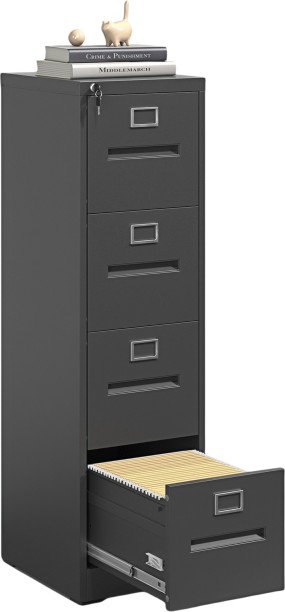 Steel Furniture Warehouse Steel Vertical 4 Drawer Inner Handle Filing Cabinet Cupboard Locker With Card Slots - Black Metal Free Standing Cabinet