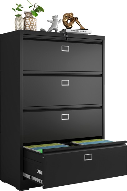 Steel Furniture Warehouse Steel Lateral 4 Drawer Swan Handle Filing Cabinet Cupboard Locker With Card Slots - Black Metal Free Standing Locker