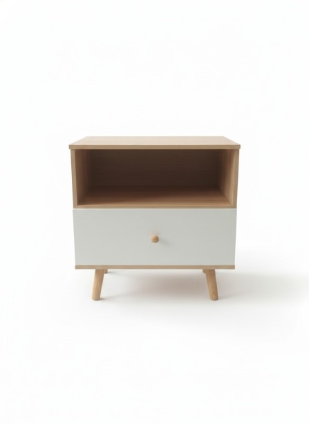 TGT- Modern Nightstand, End Table for Living Room, Bedroom with Drawer and Shelf. Solid Wood Free Standing Pedestal