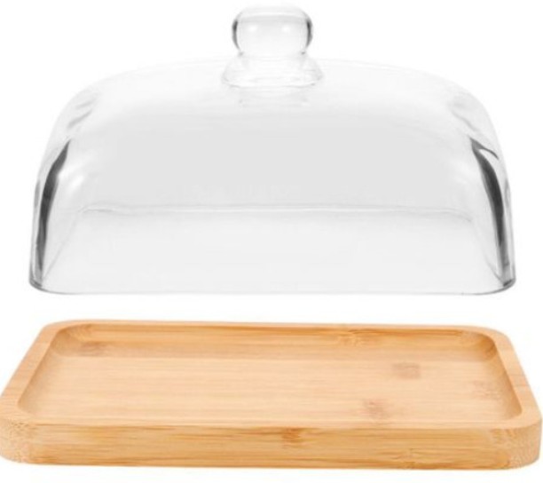 Cake Bakery Tray with Acrylic Lid/ Bamboo Bread Tray, Plastic Bakery Server Acrylic, Bamboo Cake Server