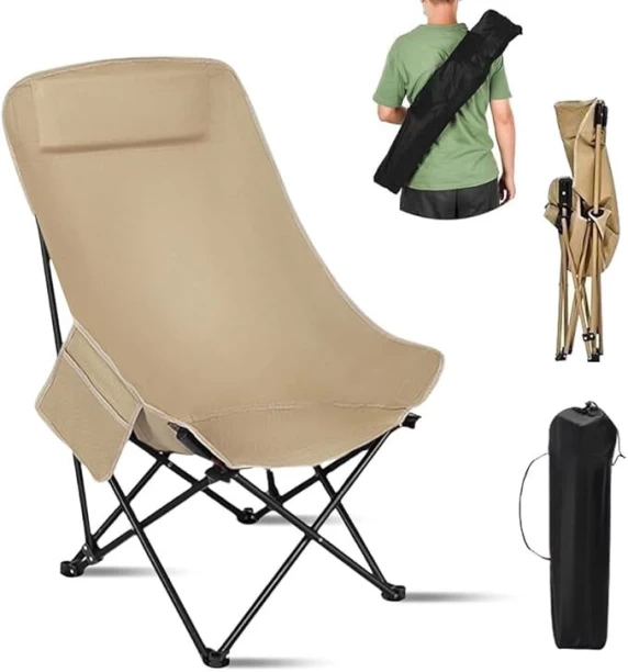 Generic Portable Folding Camping  with High Back Upholstered Side Pocket Headrest, Folding Moon  65X65X92CM Foldable Chair