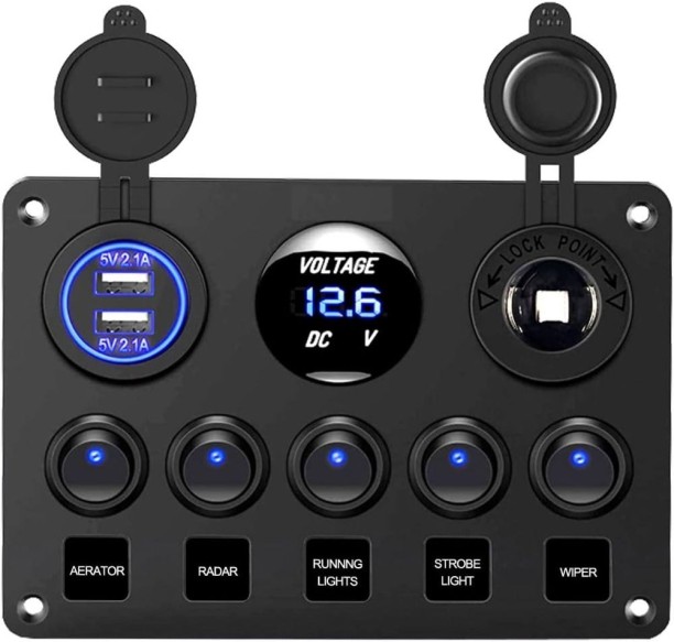 Milky Way 12V/24V 5 Gang Rocker Switch Panel with Volmeter Dual USB Ports Car Stereo