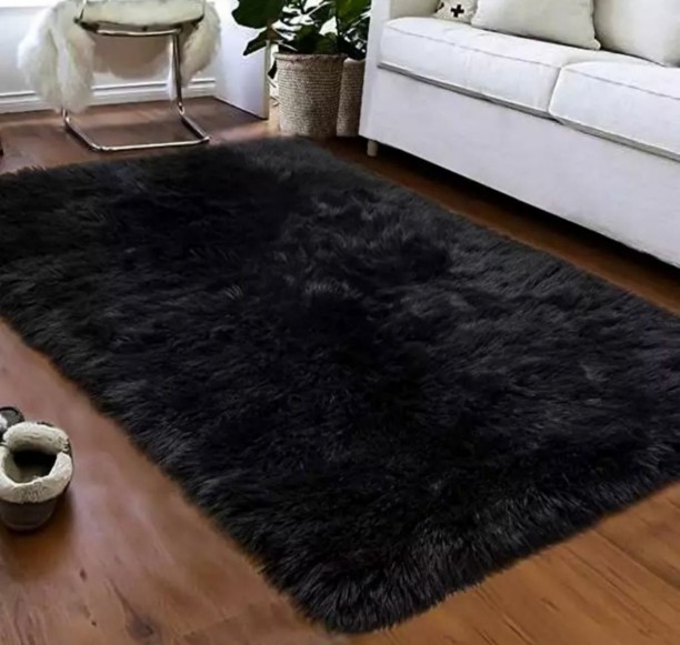 Dream World Fluffy Carpet Black (Carpet) Cotton Rectangle Shape