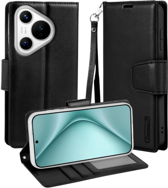 Hanman Classic Flip Leather Wallet Cover for Pura 70 - Black Book Cover for Pura 70