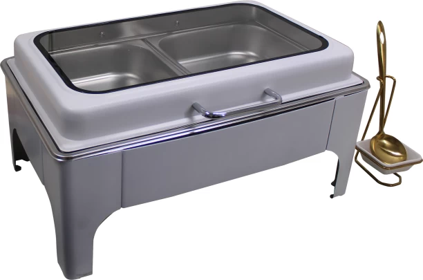 LMA Rectangular Soft-Close Chafing DIsh with Window & Serving Spoons Stand 11 l Double Pan