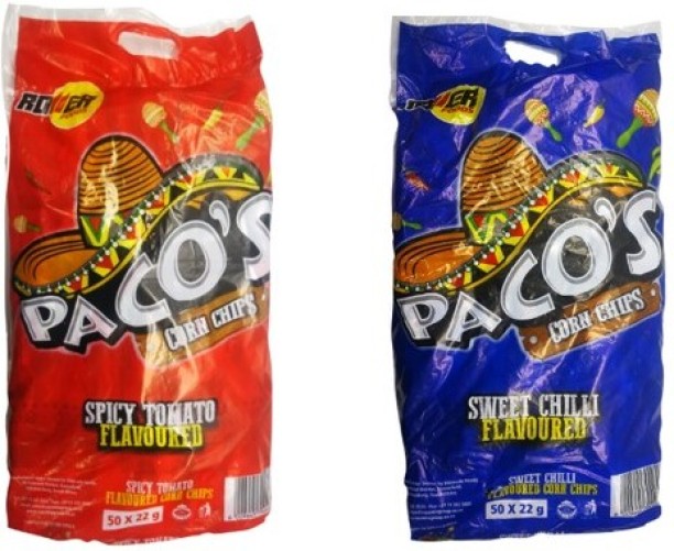Paco's Corn Chips – Spicy Tomato & Sweet Chilli (2 Bags, 50 x 22g Each) | Bold & Crunchy Snack Chips