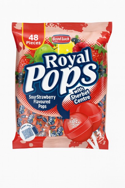 ROYAL Pops Sour Strawberry Lollipop (Pack of 1 x 48 pieces) Milk Chocolate Bites