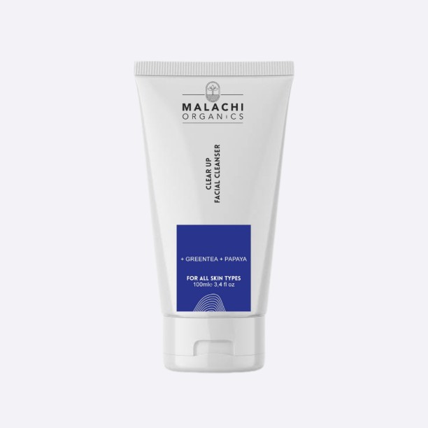 Malachi Organics Clear Up Face Wash (with Papaya and Green Tea) – Recommended for oily, acne-prone, and combination skin, gently exfoliating, controlling excess oil, and brightening the complexion.