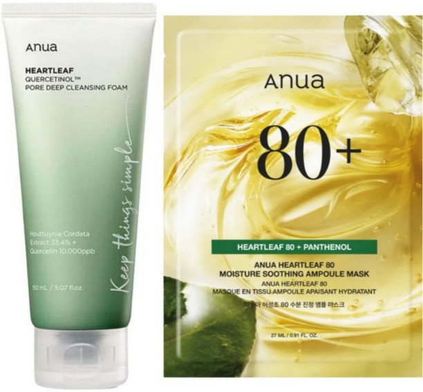 anua Combo-Heartleaf 80 Mask and Heartleaf -Quercetinol Pore Deep Cleansing Foam