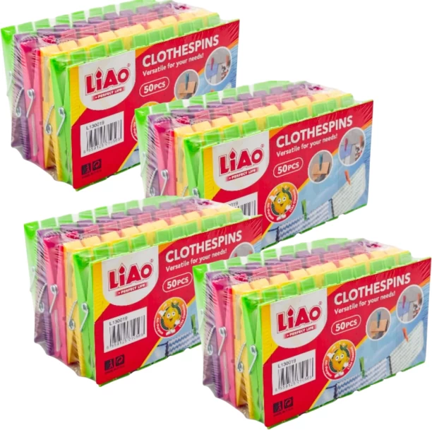 Liao Colorful Plastic Clothespins Set, 50 Pieces, Versatile Laundry Clips, Multi-Pack of 4 Plastic Cloth Clips