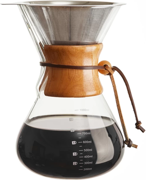 chenshia Pour Over Coffee Maker – Borosilicate Glass Carafe with Stainless Steel Filter and Wooden Grip 4 Cup Coffee Machine