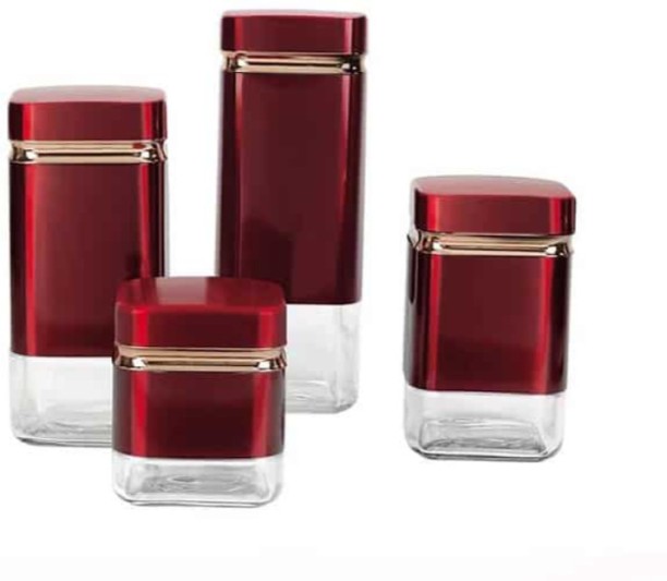 4pc Square Canister Set Glass Tea Coffee & Sugar Container  - 3 ml
