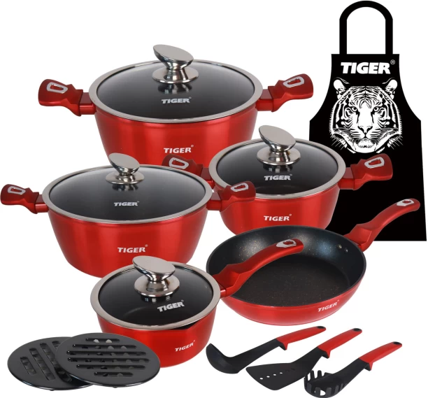 Tiger Non-Stick 15 Piece Marble Coating Cookware Set Burgundy Non-Stick Coated Aluminium Cookware Set
