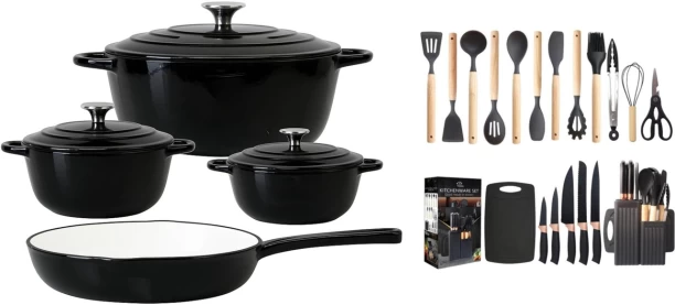 LA Signature Black Non-Stick Coated Cast Iron Cookware Set