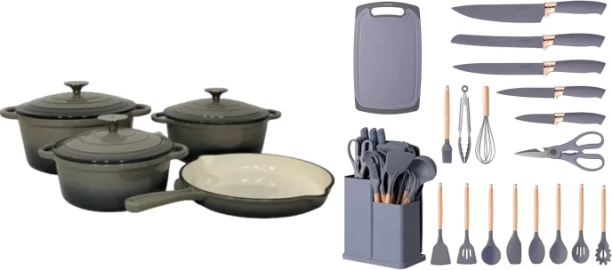 R AND E Ultimate 26-Piece Home Kitchen Essentials Combo Set Non-Stick Coated Cast Iron Cookware Set