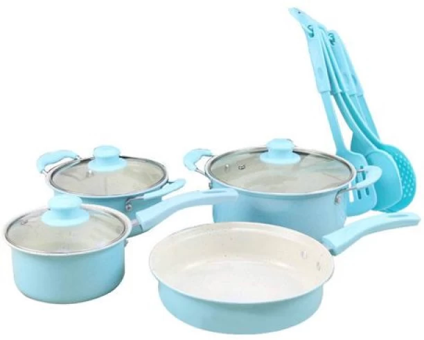 DEALS ONLINE Non-Stick Cookware Set - Blue - 13 Piece Non-Stick Coated Aluminium Cookware Set