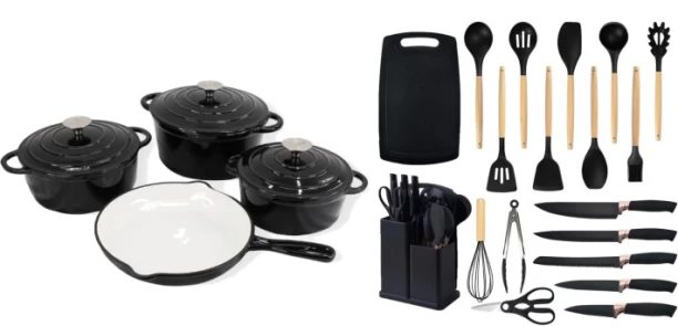 R AND E Ultimate 26-Piece Home Kitchen Essentials Combo Set Non-Stick Coated Cast Iron Cookware Set