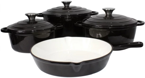 SMTE Cast Iron Ceramic Cookware Set - 7 Piece - Black Non-Stick Coated Cast Iron Cookware Set
