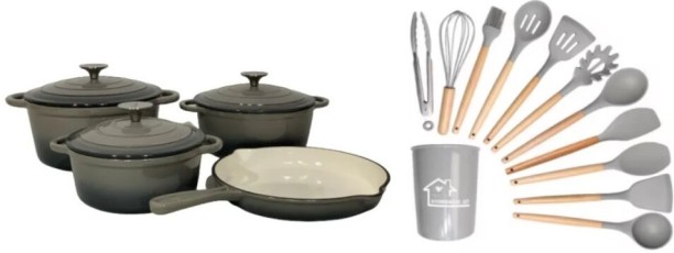 R AND E 19 Pc Cooking Combo Set Grey Non-Stick Coated Cast Iron Cookware Set