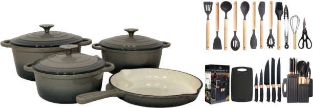 LA SIgnature 27 Piece Cast Iron Grey Non-Stick Coated Cast Iron Cookware Set