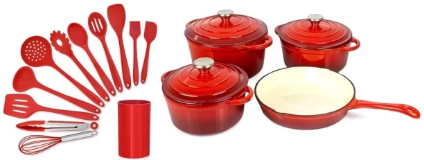 R AND E 19 Pc Cooking Combo Set Red Non-Stick Coated Cast Iron Cookware Set Non-Stick Coated Cast Iron Cookware Set