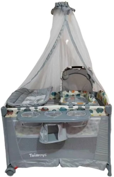 PrimePickSA Toimoys Multifunctional Baby Cot Crib – Portable Playard with Diaper Changer, Mosquito Net, Toys & Game Entrance - Light Grey Cot