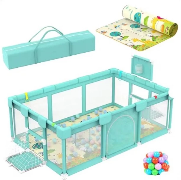 Generic Large Baby Playpen with Pull-Up Rings, 30 Balls and Play Mat-Green Cot