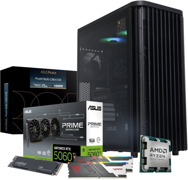 PCBuilder Ryzen 7 9700X MONET Windows 11 Creator PC AMD Ryzen 7 9700X 8-Core 3.8GHz AM5 CPU (32 GB RAM/Asus GeForce RTX 5060 16GB GDDR7 Graphics Card Graphics/1 TB Hard Disk/Windows 11 Home (64-bit)/16 GB Graphics Memory) Gaming Tower