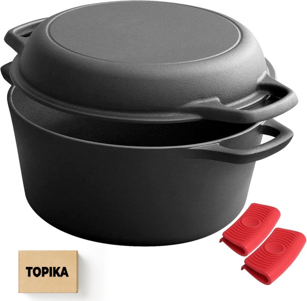 Topika 2-in-1 26cm Cast Iron Dutch Oven with Skillet Lid Slow Cooker